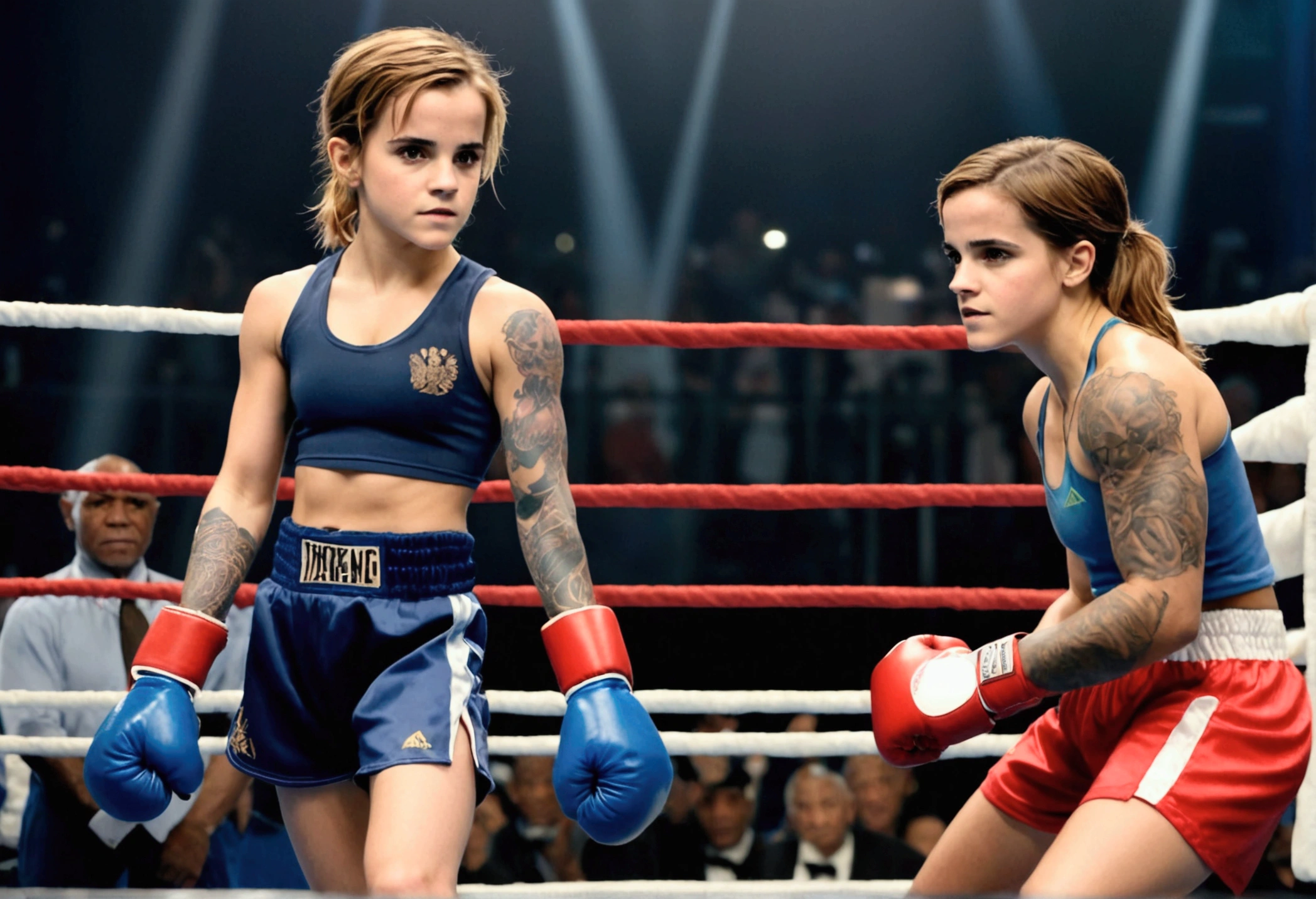 Emma Watson, age 14, cute Olympic boxing outfit, in a boxing stance. She is in the boxing ring facing Mike Tyson (age 30, in his muscular prime, scary tattoos, fighting stance)