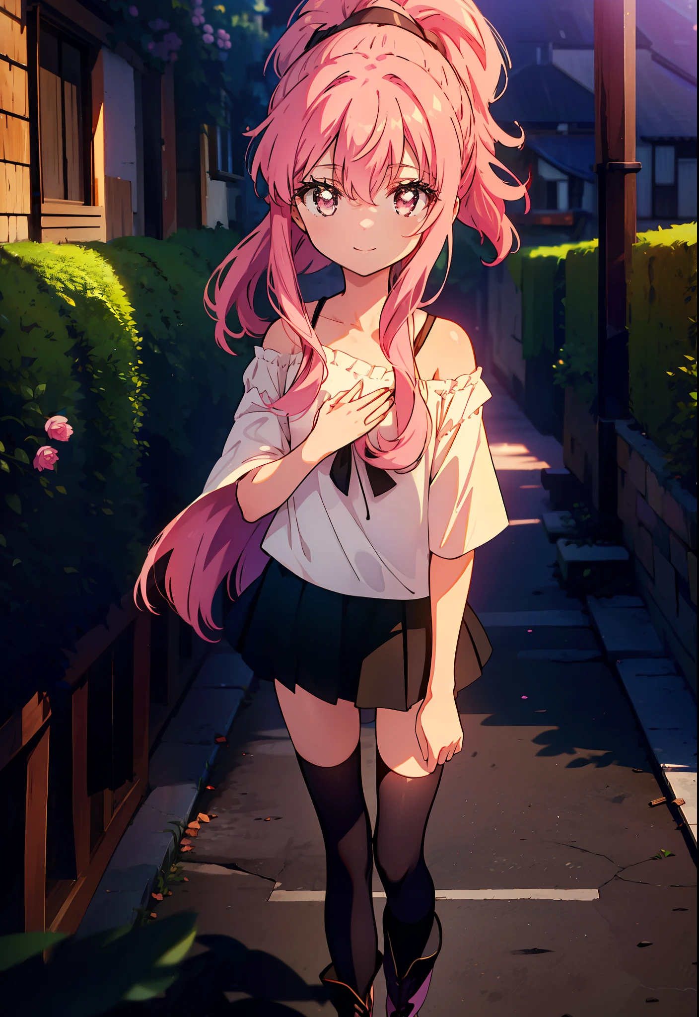 Louise Françoise Lebrun of La Vététière,Pink Hair,Pink Eyes,Long Hair,smile,ponytail,One-shoulder shirt,Short sleeve,mini skirt,Black tights,short boots,Walking,Daytime,Clear skies,　　　　　　　　　　　　　　  　　　　　break looking at viewer, whole body,   　　　　　
break outdoors, In town,
break (masterpiece:1.2), Highest quality, High resolution, unity 8k wallpaper, (shape:0.8), (Beautiful attention to detail:1.6), Highly detailed face, Perfect lighting, Highly detailed CG, (Perfect hands, Perfect Anatomy),