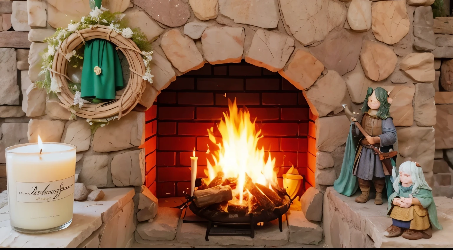 A cozy medieval stoned hobbit fireplace, a little statue of smeagle, a little statue of hobbit holding a sword, a hobbit LOR candle with ring, a cozy hobbit dor addornment, fantasy, magic, 8k quality