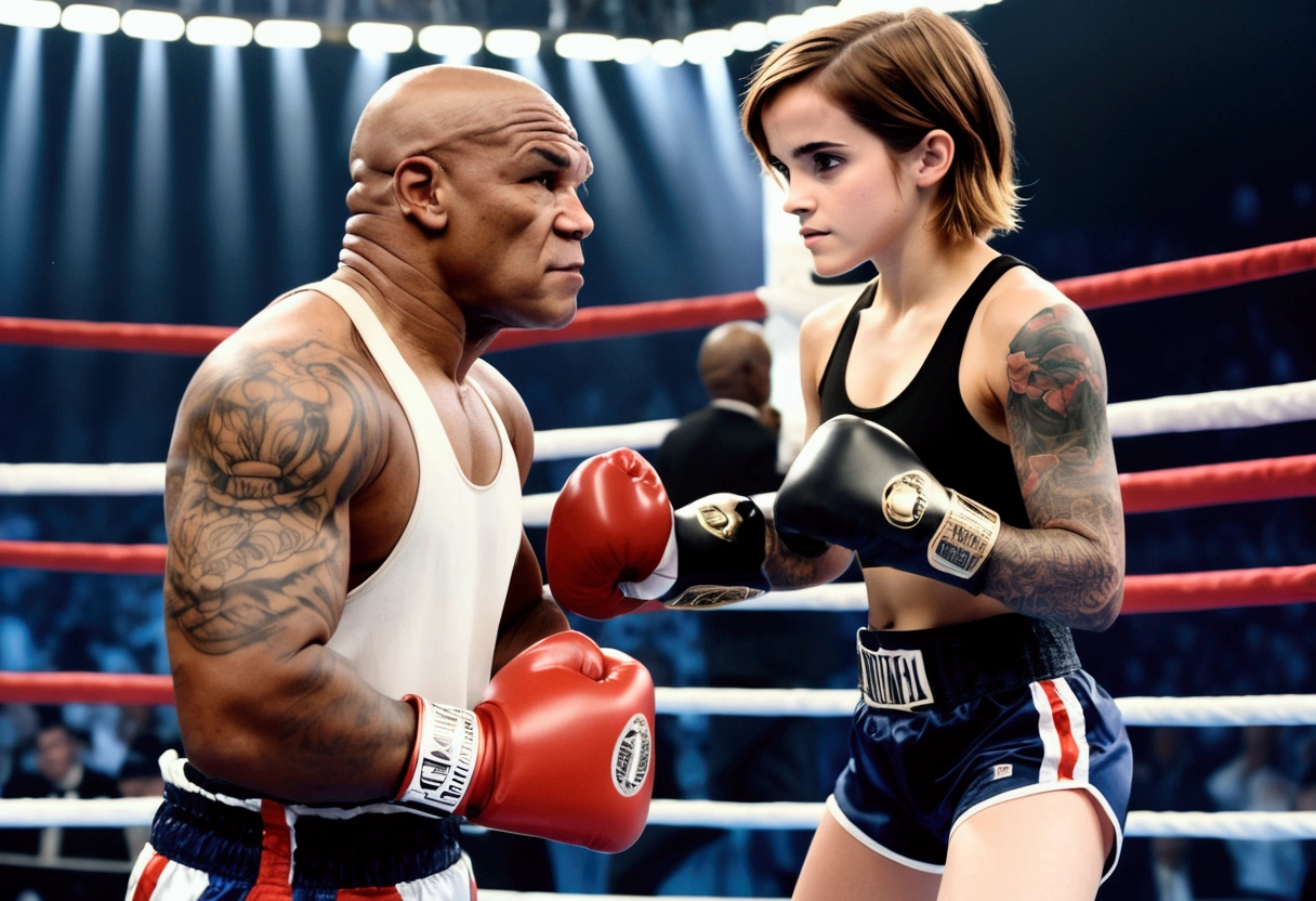 Emma Watson, age 14, cute Olympic boxing outfit, in a boxing stance. She is in the boxing ring facing Mike Tyson (age 30, in his muscular prime, scary tattoos, fighting stance)
