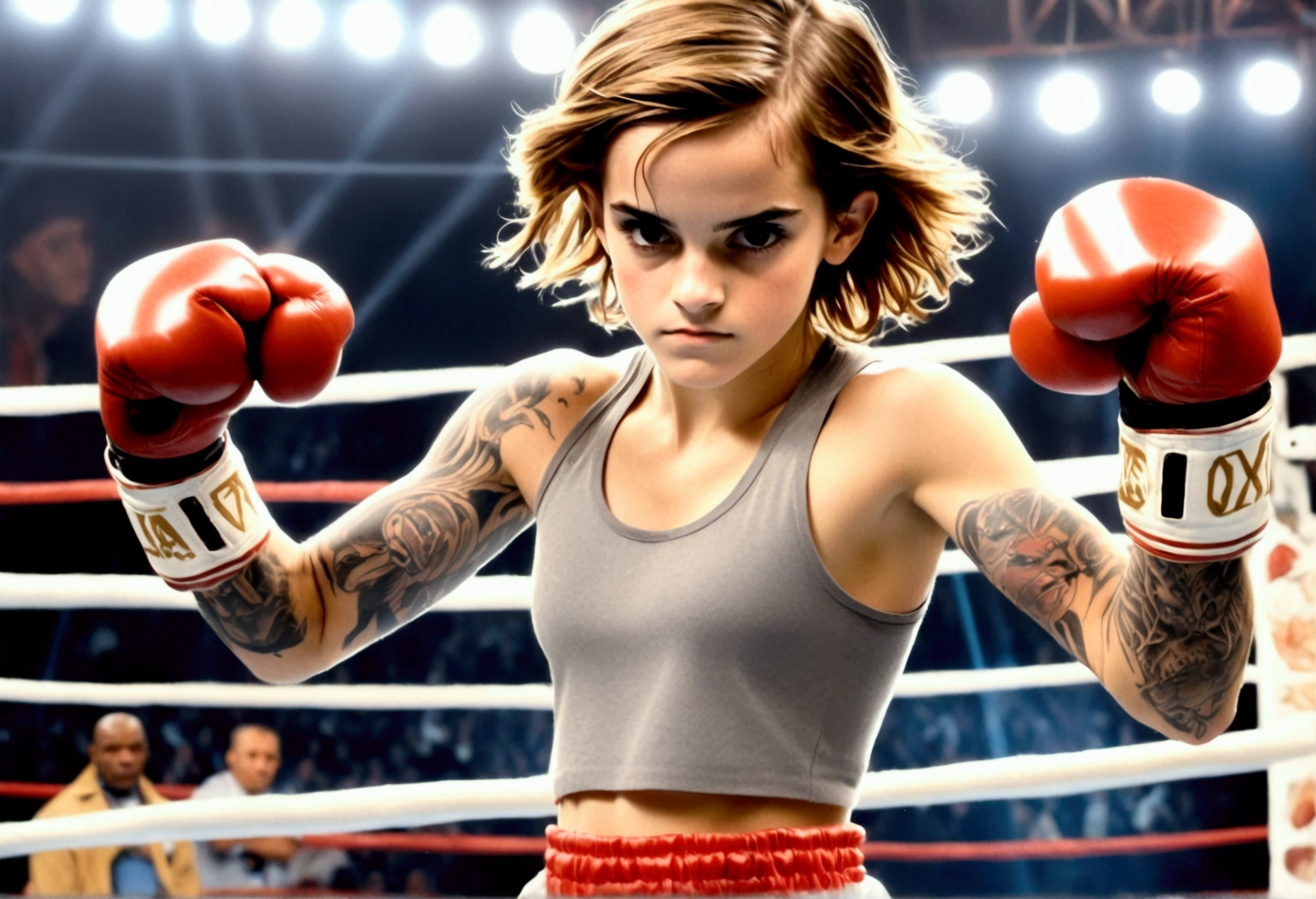Emma Watson, age 14, cute Olympic boxing outfit, in a boxing stance. She is in the boxing ring facing Mike Tyson (age 30, in his muscular prime, scary tattoos, fighting stance)
