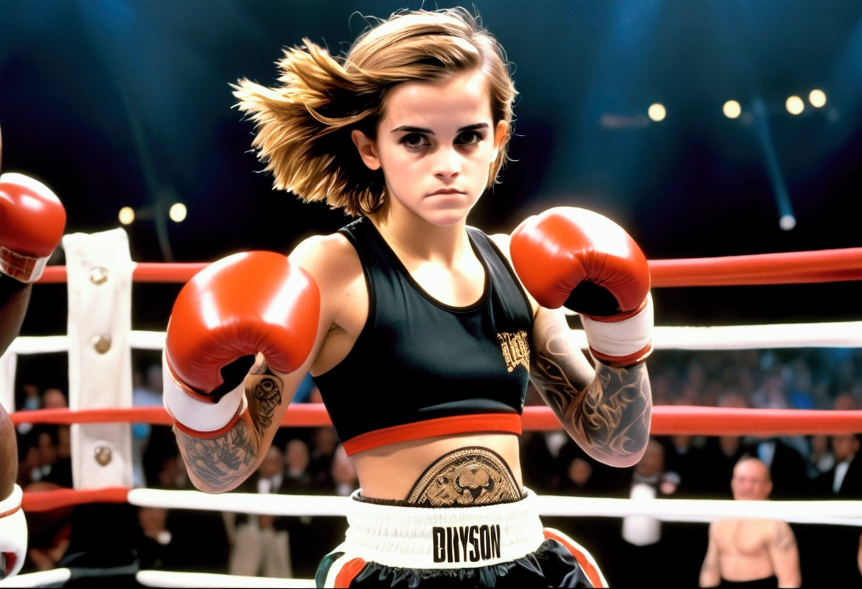 Emma Watson, age 14, cute Olympic boxing outfit, in a boxing stance. She is in the boxing ring facing Mike Tyson (age 30, in his muscular prime, scary tattoos, fighting stance)