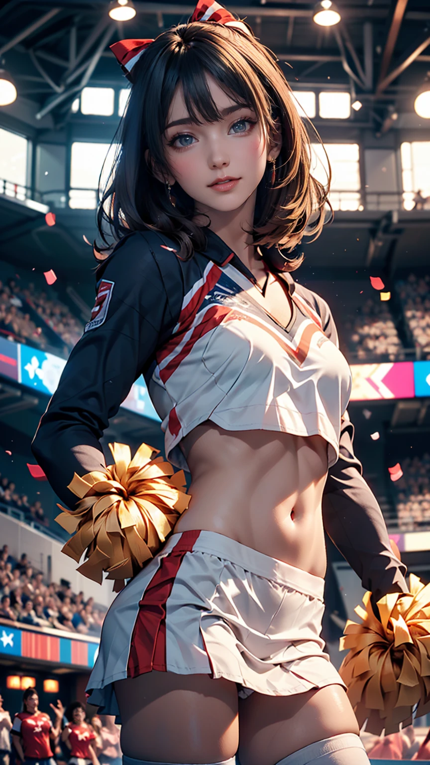 Cheerleader,A small smile,cheer leading,Cheerleader uniform, (((masterpiece))), (((Highest quality))), ((Very detailed)), (figure), ((Very delicate and beautiful)),(Bokeh,Blurred Background),(Best Shadow), One girl,White panties, Black Hair, Long Hair, cute,cute,change, Shining highlight spots around the eyes, Character Focus,Tilt your head,