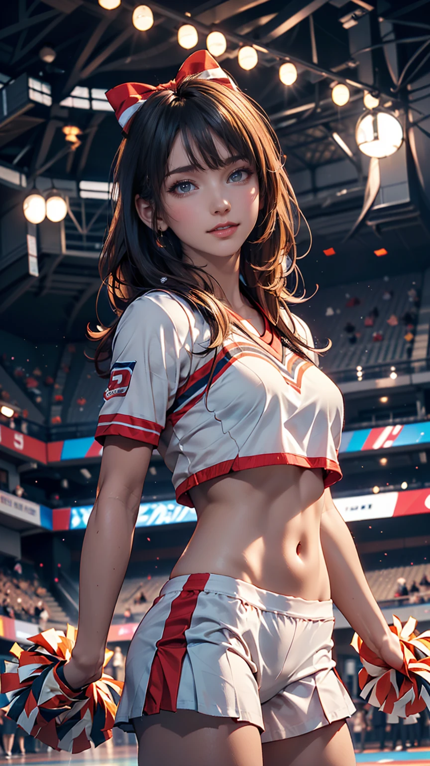 Cheerleader,A small smile,cheer leading,Cheerleader uniform, (((masterpiece))), (((Highest quality))), ((Very detailed)), (figure), ((Very delicate and beautiful)),(Bokeh,Blurred Background),(Best Shadow), One girl,White panties, Black Hair, Long Hair, cute,cute,change, Shining highlight spots around the eyes, Character Focus,Tilt your head,