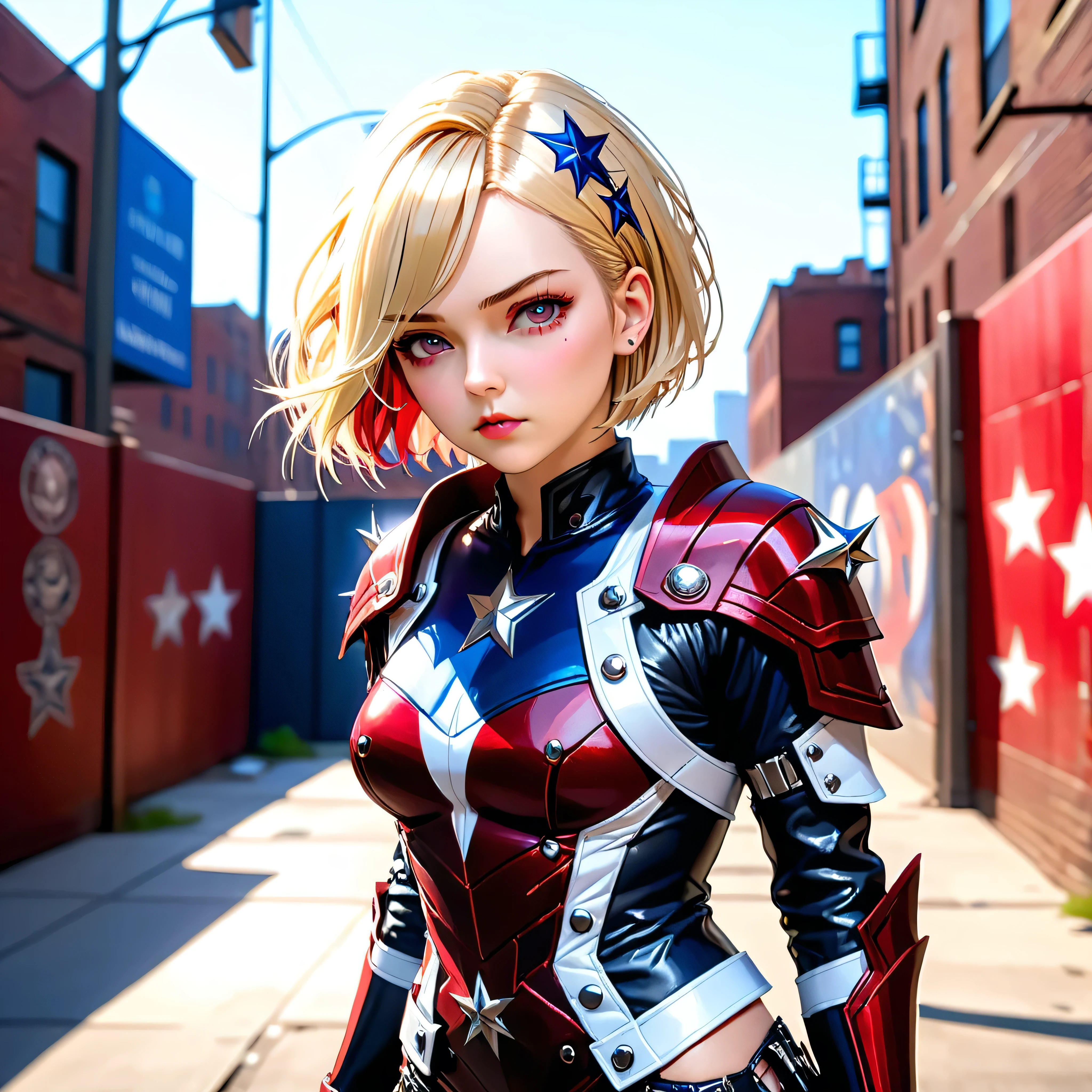 star Police cap wearing a black lace dress and an open red leather jacket, long dark hair, beautiful detailed eyes, beautiful detailed lips, extremely detailed eyes and face, longeyelashes, scarlet witch from avengers, loraelizabeth CG Ultrarealistic ,((premium、32K、masterpiece、NffSW:1.3)), (superfine illustration)、(super high resolution), (((adult body))), (((1 girl in))), ((( short hair bob ))), 25 year old cyberpunk gladiator with perfect body, Shoulder pads with metal spikes., Gladiadores in Brooklyn, (( short hair bob )), Torn rugby team t-shirt, Almost naked in the wild urban style of Simon Bisley, short blonde hair, minimal clothing, Metallic protection on the left arm with complex graphics....., Dark red with white stars and blue and white stripes., armor, Full of spikes and rivets., poison tattoo (((Image from the knee up))), short white blonde hair, In the background、 There is a wall with an intricate design painted by Shepard Fairey....., , model photoshoot, RAW photography,ultra-detailed, realistic:1.37, photo-realistic, HDR, studio lighting, ultra-fine painting, sharp focus, physically-based rendering, extreme detail description, professional, vivid colors, bokehvaries,multi,etc. --v 6 --s 1000 --c 20 --q 500 --chaos 100
