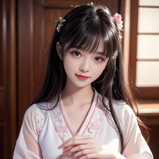 best quality, Delicate face，beautiful visual work, lifelike, eternity, black hair, Long curly hair, blunt bangs, Smile, Detailed Background, Delicate face，pink blush，cold，((masterpiece))、(top quality)、8k、high detail、Super detailed，21 years old female，Wearing wide-sleeved Hanfu、Seductive and whimsical style、masterpiece、born、Scenes resembling fairy tale illustrations、intricate details和複雜的設計、Beautifully、magic、capricious、 Beautifully、Dream aesthetics、「𝓡𝓸𝓶𝓪𝓷𝓽𝓲𝓬、ethereal、charming、fickle、magic」、realism、Visual effects、FXAA、SSAO、Shader、voiceless、ambient lighting、Tone mapping、High resolution、Ultra high quality、Million pixels、(8K resolution:1.10)、8k、8k以下、8K resolution、high detail、intricate details， (high quality:1.2、masterpiece:1.2、:1.21)、(21 years old female:1.21)、(興奮地Smile)、(Surrounded by a dreamy atmosphere、Model diagram，full-body shot，Normal 2 feet，don&#39;t stretch out your hand，Landscape photos