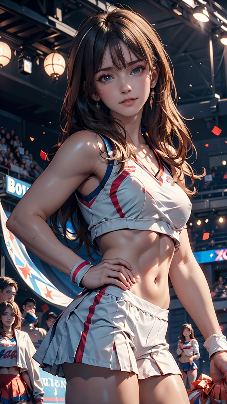 Cheerleader,A small smile,cheer leading,Cheerleader uniform, (((masterpiece))), (((Highest quality))), ((Very detailed)), (figure), ((Very delicate and beautiful)),(Bokeh,Blurred Background),(Best Shadow), One girl,White panties, Black Hair, Long Hair, cute,cute,change, Shining highlight spots around the eyes, Character Focus,Tilt your head,