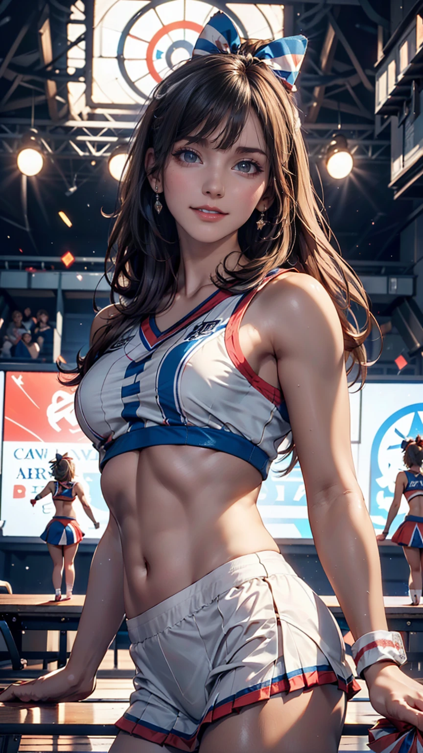 Cheerleader,A small smile,cheer leading,Cheerleader uniform, (((masterpiece))), (((Highest quality))), ((Very detailed)), (figure), ((Very delicate and beautiful)),(Bokeh,Blurred Background),(Best Shadow), One girl,White panties, Black Hair, Long Hair, cute,cute,change, Shining highlight spots around the eyes, Character Focus,Tilt your head,