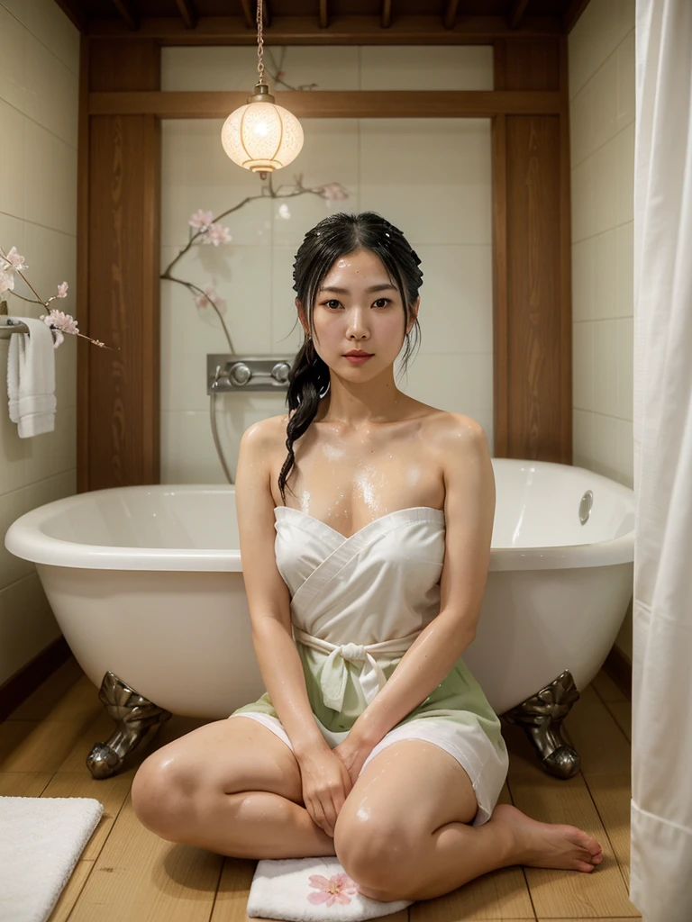 An early 40-year-old Japanese woman, named Yukiko, in a serene and well-lit bathroom. She stands comfortably in a white bathtub filled with steaming water, surrounded by a pristine shower curtain adorned with delicate cherry blossom patterns. A soft glow from a paper lantern casts a warm light on her face, reflecting her focused yet relaxed expression as she carefully shaves her legs with a traditional Japanese straight razor, known as a "kamisori." A wooden stool beside the tub holds a small wooden basin filled with soothing lavender-infused water and a bar of moisturizing soap. On the tiled floor, a plush mat with a matching cherry blossom design offers a non-slip surface. The walls are a calming shade of sage green, complemented by the natural wooden vanity that holds her toiletries. Above the sink, a round mirror reflects the intricate patterns of the tiles and the soft light from the lantern. A gentle cascade of water sounds from the nearby showerhead, contributing to the ambiance of tranquility. Yukiko's hair is tied back in a sleek bun, revealing her graceful neck and collarbone, while her skin glistens with beads of water and shaving cream. She is dressed in a simple yet elegant white yukata, which is loosely tied around her waist, revealing one shaved leg. The scene exudes a sense of ritual and self-care, a moment stolen from the hustle of daily life to maintain her