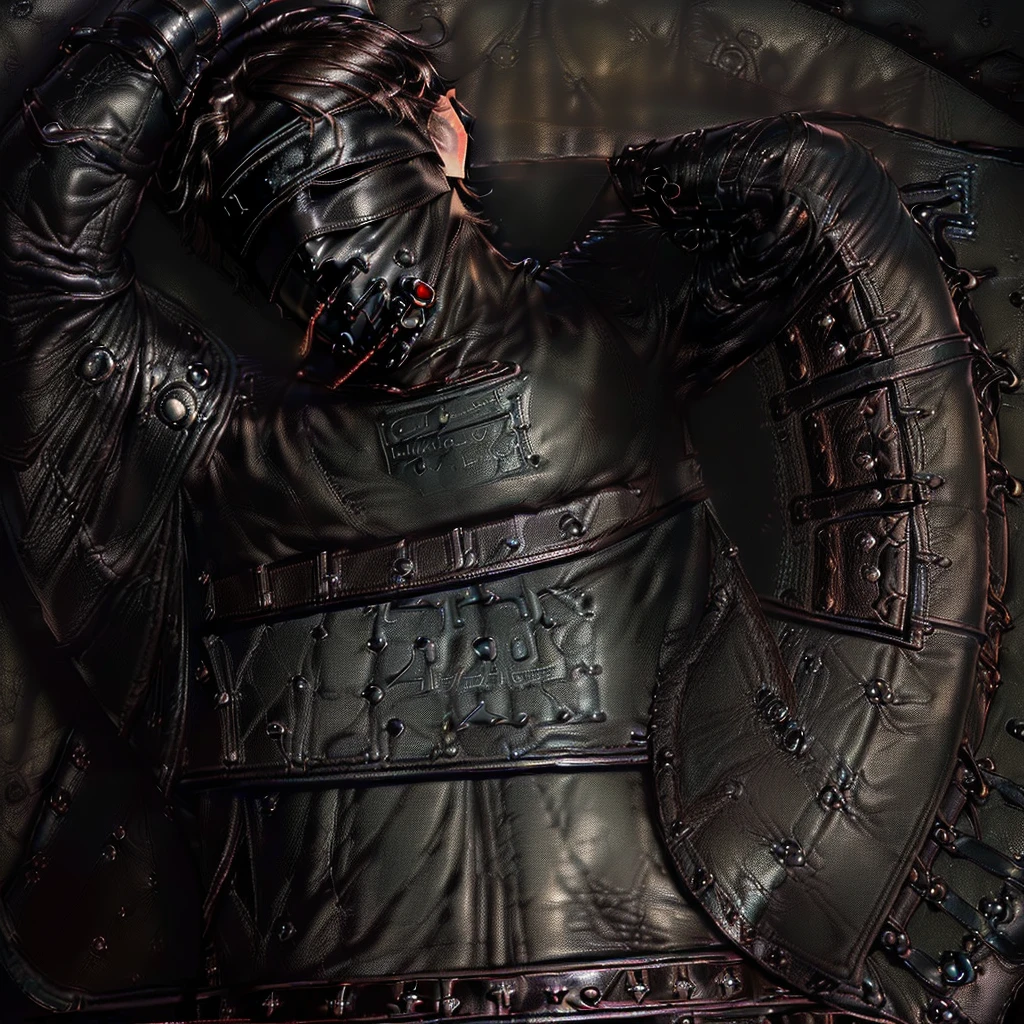 ((Final Fantasy taste reality graphics)), ((young, cute and cool ikemen boy)),(((1 boy))),,his age is early 20s, thin eyebrows and beady eyes, (((((boy in a black leather sleeping bag))))),(((((sleeping bag is very tight-fitting))))), ((((boy sleeping in the bed)))),(((((boy put on black leather and human muzzle mask,all covered from under the nose-to-chin))))),(((((also put on leather blindfold, ))))), (((((mask and blindfold Fixed to the face, with multiple leather belts)))))
