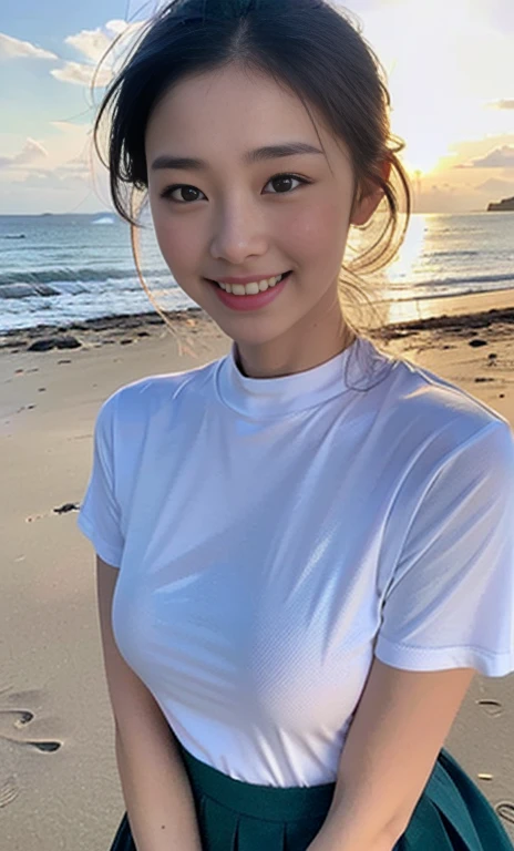 (a gorgeous korean lady, age 20s, wearing a wet oversized white high-neck t-shirt, pleated skirt, posing naturally at a windy beach, (beach by the sea:1.2),

 Joyful expression, kind smile, dimpled cheeks, short ponytail, short bob hair, cute snaggleteeth, ample round bosom, perfect body anatomy, photorealistic, beautiful detailed eyes, hyper-realism, high contrast, ultra HD, realistic skin textures, top image quality, top-quality, super high resolution, fine details, serene ambience, very meticulously, high angle shot, medium shot, cowboy shot, sun rays, lens flare, SFW)