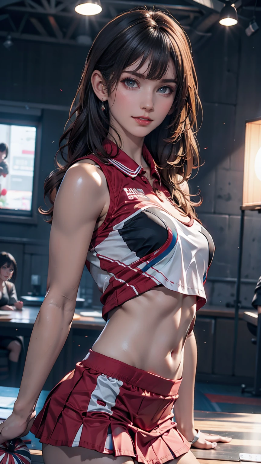 Cheerleader,A small smile,cheer leading,Cheerleader uniform, (((masterpiece))), (((Highest quality))), ((Very detailed)), (figure), ((Very delicate and beautiful)),(Bokeh,Blurred Background),(Best Shadow), One girl,White panties, Black Hair, Long Hair, cute,cute,change, Shining highlight spots around the eyes, Character Focus,Tilt your head,