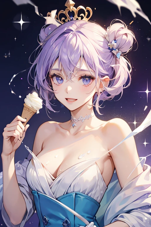 A pale purple and blue scoop of ice cream with a winking expression and no mouth. She has whip cream dripping from her head and two wafer ears, one of which is bitten.  SPARKLE; GLITTER