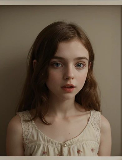 Sophia Lillis, cute girl, elegant, mouth open, portrait picture, long straight  hair ,vintage film,soldier,fullbody,ecstasy