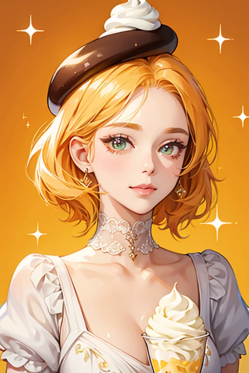 An orange and yellow ice cream with a dollop of whip cream decorated with chocolate sprinkles. She has no mouth and makes a winking face. SPARKLE; GLITTER