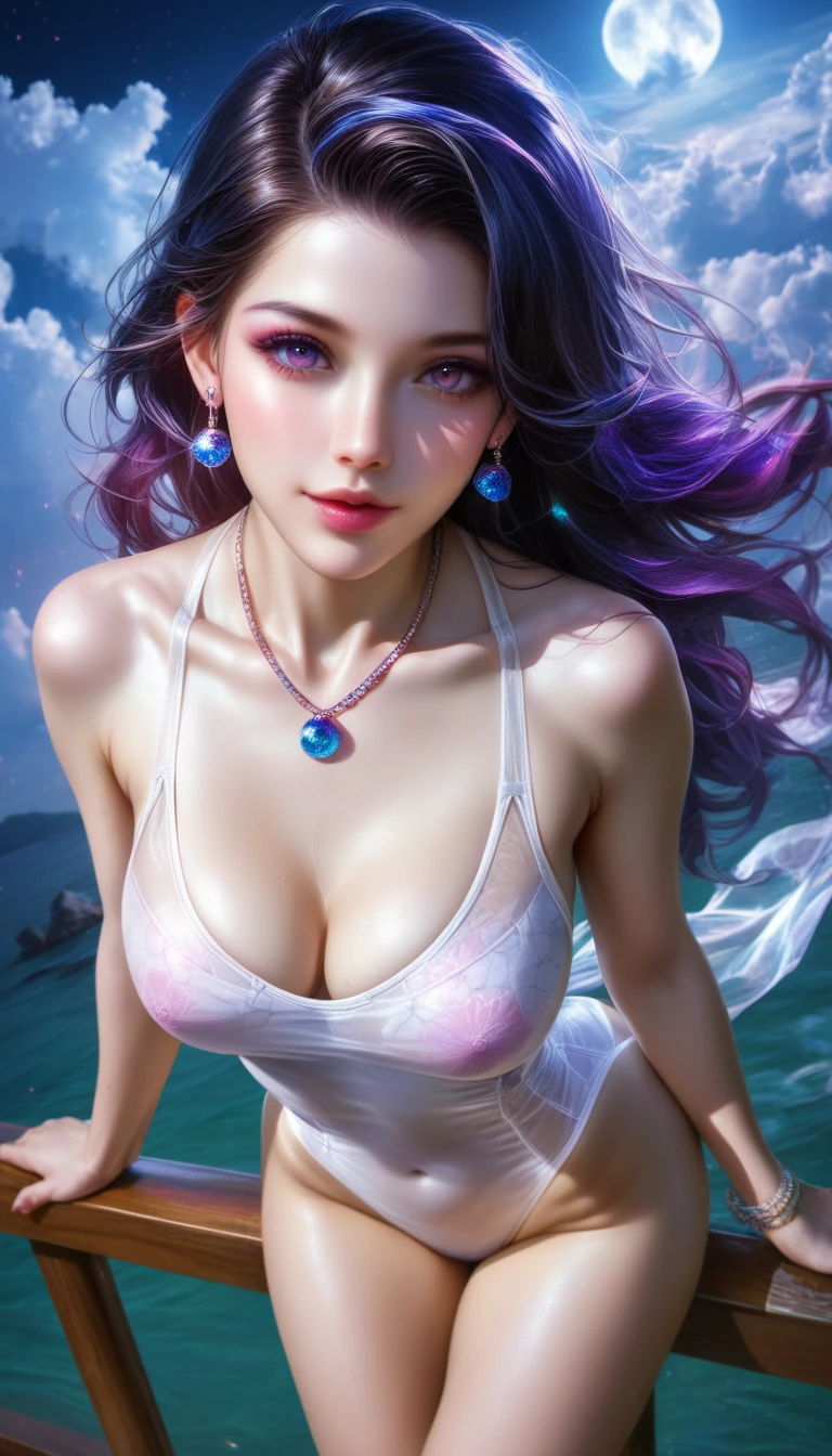 score_9, score_8_superior, score_7_superior, A masterpiece in 32K resolution,Highest quality,it is really amazing,Very detailed,Ultra-high resolution,(Ultra-realistic:1.5),(Realistic:1.5),Increased depth of field,Cinematic lighting,
(Sexy adult Japan woman:1.1),
Long black hair,Ultra-detailed and beautiful face,(Gentle expression:1.1),Translucent white skin,(Realistic skin texture:1.1),
(Sexy Swimwear:1.1),
Bold design,Artistic design,Beautiful and detailed pattern,Detailed fabric texture,
Gorgeous necklace,Earrings,
Coastline at night,(Giant Moon:1.1),(Dark clouds floating in the dark night sky:1.1),
High angle,