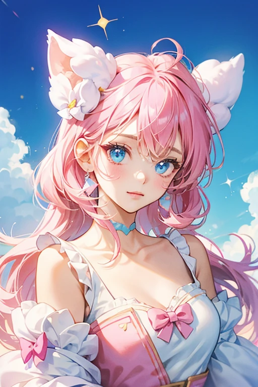 A pink and blue ice cream cat with white icing dripping from her top adorned with pink sprinkles. She has no mouth and a winking face. She wears gold bows. SPARKLE; GLITTER