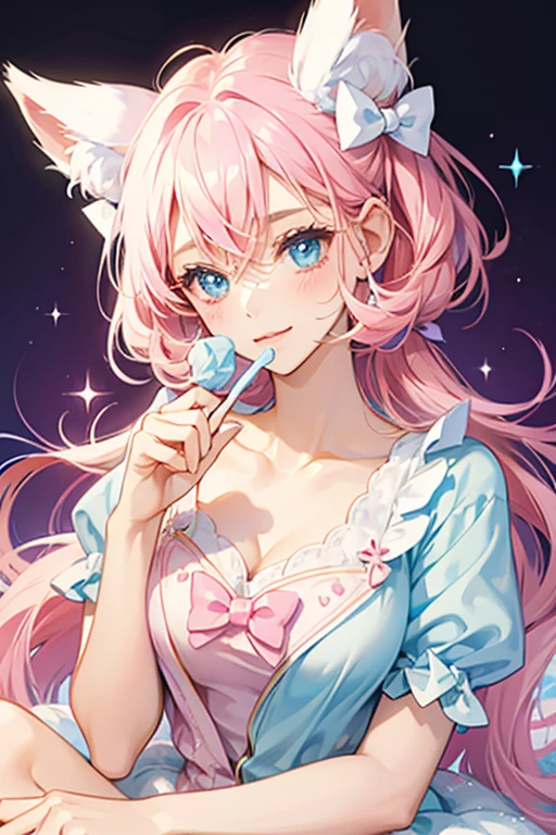 A pink and blue ice cream cat with white icing dripping from her top adorned with pink sprinkles. She has no mouth and a winking face. She wears gold bows. SPARKLE; GLITTER