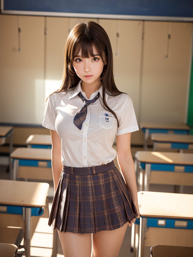 masterpiece,Highest quality,1 girl,Cowboy Shot,Front view,Young and pretty girl in Japan,Daytime, ((High school classroom:1.5)),((locker room:1.2)),((Schoolyard:1.2)),Schoolgirl uniform,blazer,wear,wear a super short blue plaid pleated micro mini skirt,No underwear,Very cute face,Glossy Lips,Double eyelids on both eyes,(Natural Makeup),shiny smooth light brown long hair,,,Asymmetrical bangs,Center image,8k resolution,Attention to detail,Detailed hairstyle,Detailed face,Cinema Lighting,Octane Rendering,Ultra-realistic,Perfect limbs,Beautiful legs,Voluptuous thighs,Huge breasts,(Glowing Skin,Sweaty:1.3)Perfect Anatomy,Spread your legs,((Provocative dynamic pose)),Skirt flip