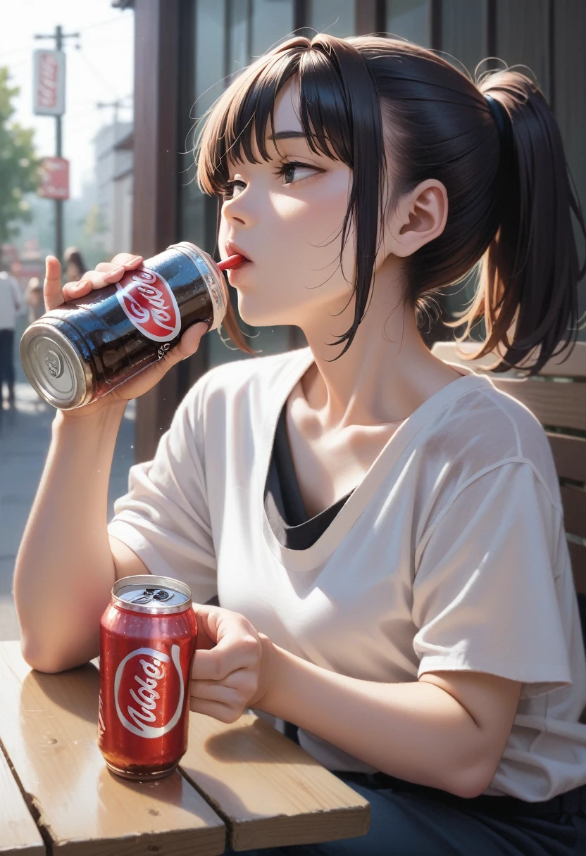 anime girl with a bottle of coke in her hand, soda themed girl, anime girl drinks energy drink, drinking a bottle of coca-cola, with a drink, in anime style, in an anime style, drinking beer, yayoi kasuma, fubuki, holding a beer!!, holding a drink, holding a bottle, drinking a beer