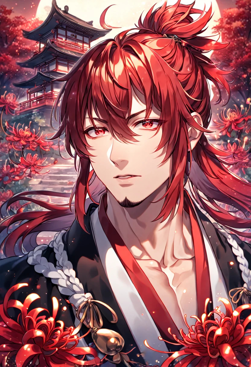 absurdres, highres, ultra detailed, HDR, master piece, best quality, detailed eyes, extremely detailed, delicated features, Ren Kouen, red hair, hair tied into a topknot, hair between the eyes, medium length hair, red goatee, expressive red eyes, Magi The Labyrinth of Magic, solo, sexy man, handsome, manly man, adult, mature face, traditional clothes that are mainly red white and black in colour along with a black flowing cape, magical, fantasy, red spider lilies, red glittering dragonflies, red lanterns, traditional Japanese house, red trees