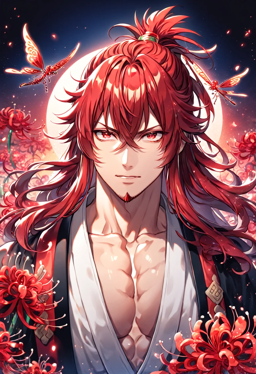 absurdres, highres, ultra detailed, HDR, master piece, best quality, detailed eyes, extremely detailed, delicated features, Ren Kouen, red hair, hair tied into a topknot, hair between the eyes, medium length hair, red goatee, expressive red eyes, Magi The Labyrinth of Magic, solo, sexy man, handsome, manly man, adult, mature face, traditional clothes that are mainly red white and black in colour along with a black flowing cape, magical, fantasy, red spider lilies, red glittering dragonflies, red lanterns, traditional Japanese house, red trees