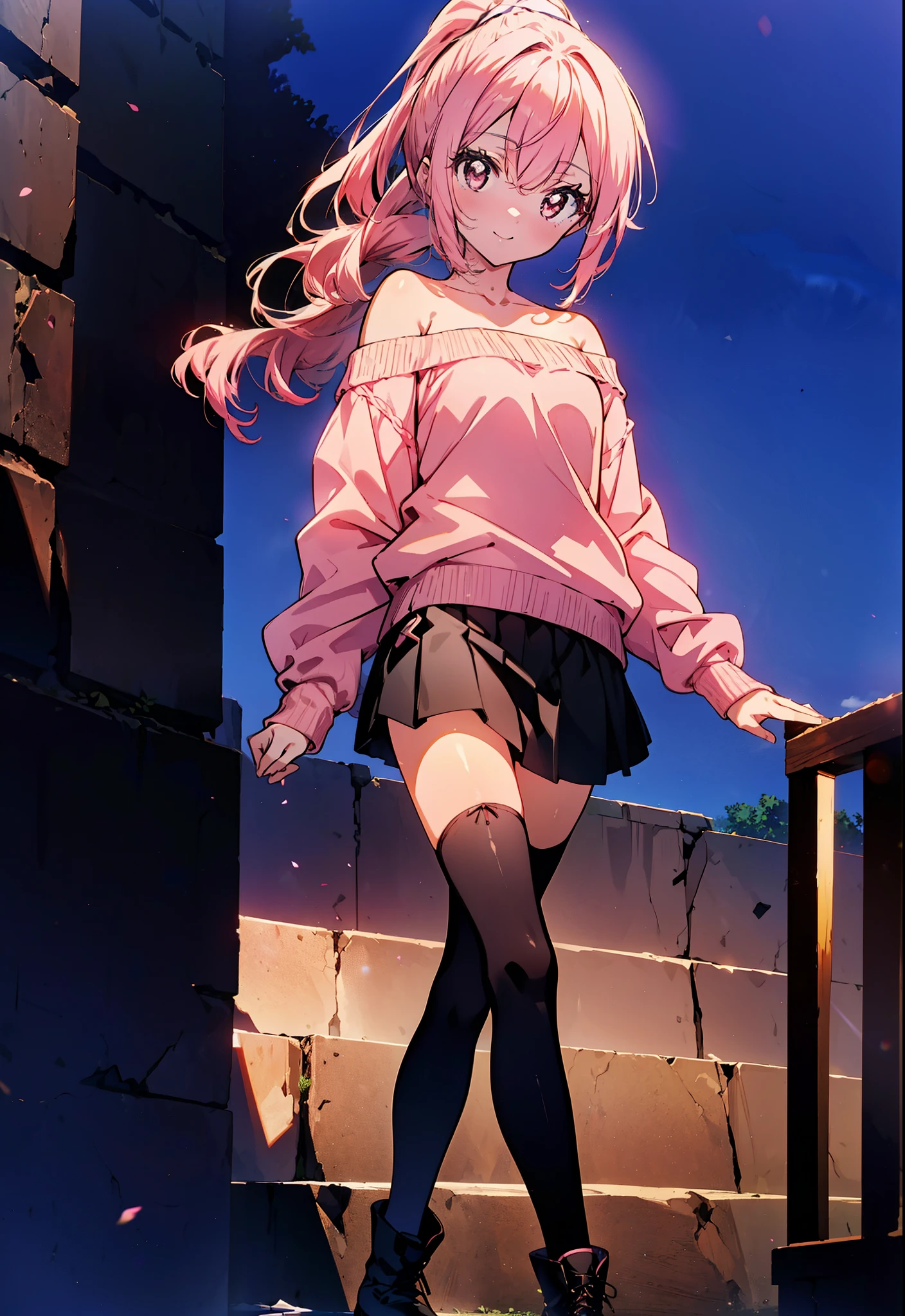 Louise Françoise Lebrun of La Vététière,Pink Hair,Pink Eyes,Long Hair,smile,ponytail,One-shoulder sweater,mini skirt,Black tights,short boots,Walking,Daytime,Clear skies,　　　　　　　　　　　　　　  　　　　　break looking at viewer, whole body,   　　　　　
break outdoors, In town,
break (masterpiece:1.2), Highest quality, High resolution, unity 8k wallpaper, (shape:0.8), (Beautiful attention to detail:1.6), Highly detailed face, Perfect lighting, Highly detailed CG, (Perfect hands, Perfect Anatomy),