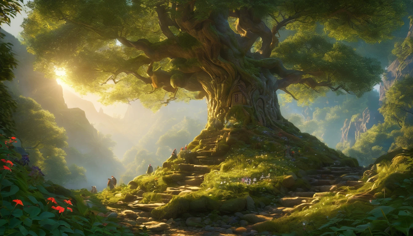 a lush celtic landscape with gnomes nestled in the tree leaves, beams of light streaming through the foliage, pre-raphaelite style, detailed celtic fantasy art, cinematic lighting, vibrant colors, highly detailed, 8k, masterpiece