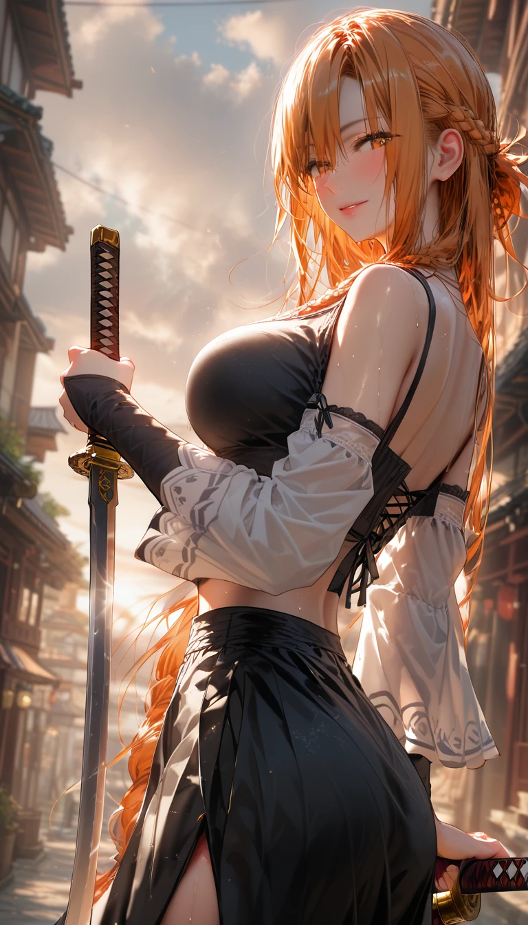 score_9, score_8_up, score_7_up, score_6_up, uncensored, asuna yuuki, orange hair, fold, braid, long hair, orange eyes, naughty face, shiny skin, sweating, BREAK glow effects, godrays, Hand drawn, render, 8k, octane render, cinema 4d, blender, dark, atmospheric 4k ultra detailed, cinematic, Sharp focus, big depth of field, Masterpiece, colors, 4k, concept art, trending on artstation, Vivid colors, extremely detailed CG unity 8k wallpaper, trending on CGSociety, Intricate, High Detail, dramatic BREAK, sword, holding, solo, wide_sleeves, 1girl, holding_sword, bare_shoulders, detached_sleeves, looking_at_viewer, long_sleeves, standing, breasts, floating_hair, sunset, katana, cowboy_shot, cloud, midriff, large breasts, looking_back, back, 