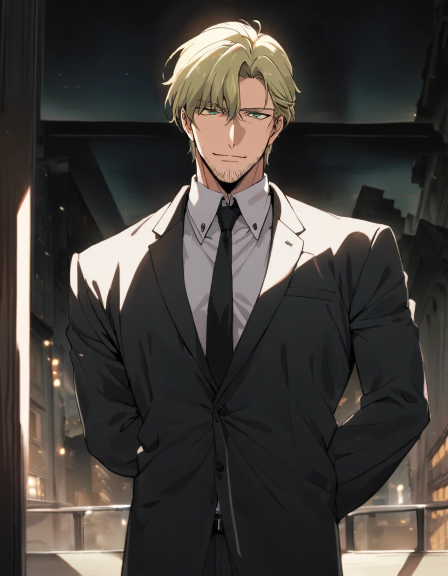 1man, veteran spy agent, handsome mature, business hair with asymmetrical bangs, narrow stubble, green platina blond hair, emerald eyes, 45yo, charming caucasian, ordinary uncle, pentagon shaped, BREAK ideal ratio body proportions, middle weight muscular, beautiful detailed eyes, dark iris, BREAK solo, businessman in black suit, black necktie, white shirt, softly smile, at wall street, detailed background, BREAK upperlegs, dandy posing, dramatic expression, 2000s, visual novel, in newest eroge style, dutch angle, cinematic shadows, cinematic lighting, lens flare, light leaks, extreme all detailed, masterpiece, best quality