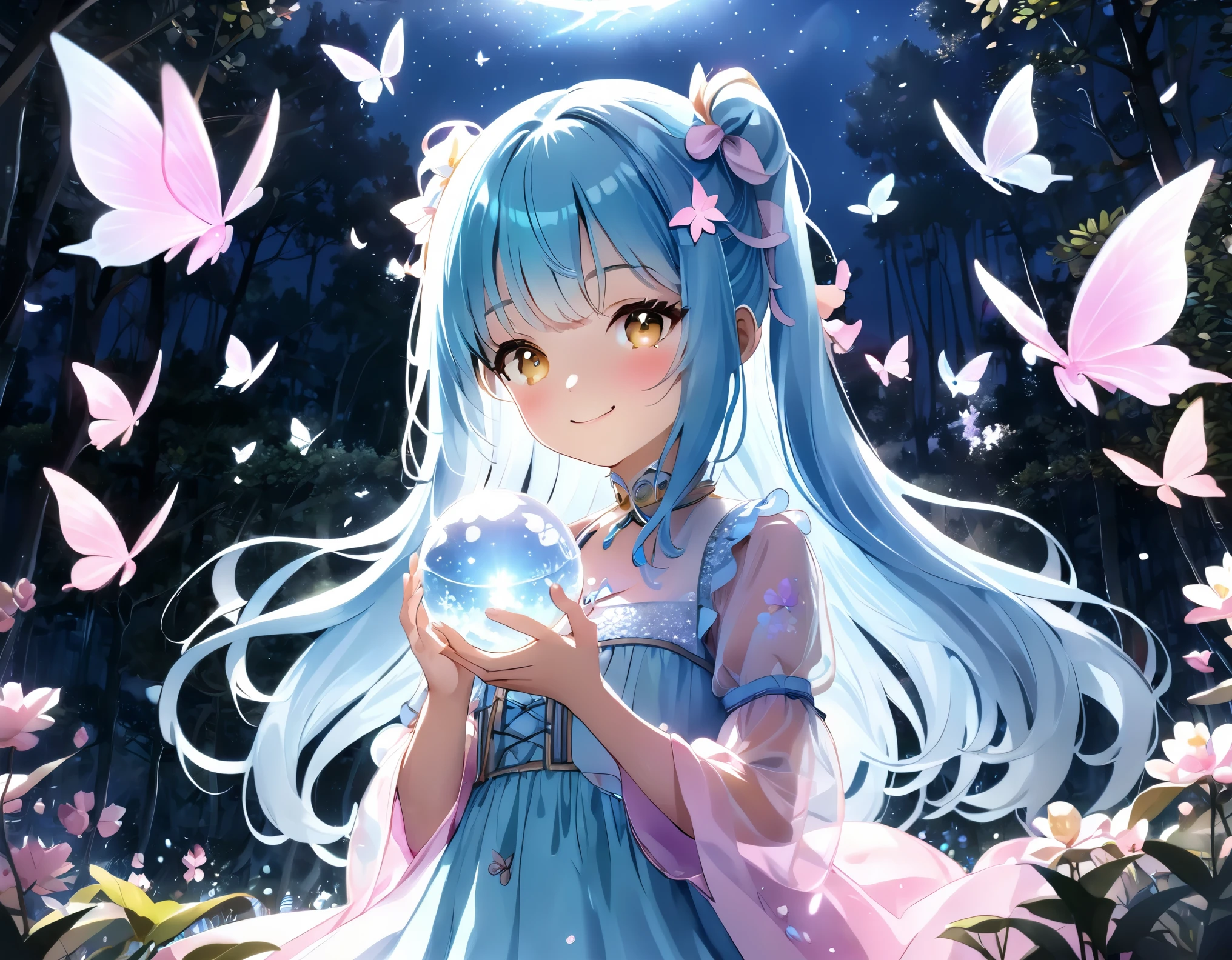 Light blue long hair、Beautiful girl with twin tails、smile、Mysterious forest with the moon shining、A forest shining in the moonlight and beautiful flowers all over the ground々、Crystal Sparkle、A beautiful girl holding a large transparent crystal ball、Many petals and many shiny butterflies fluttering about、Night Sky、shooting star、Mysterious Landscape、Beautiful girl in pink dress、A shining aura surrounds the beautiful girl