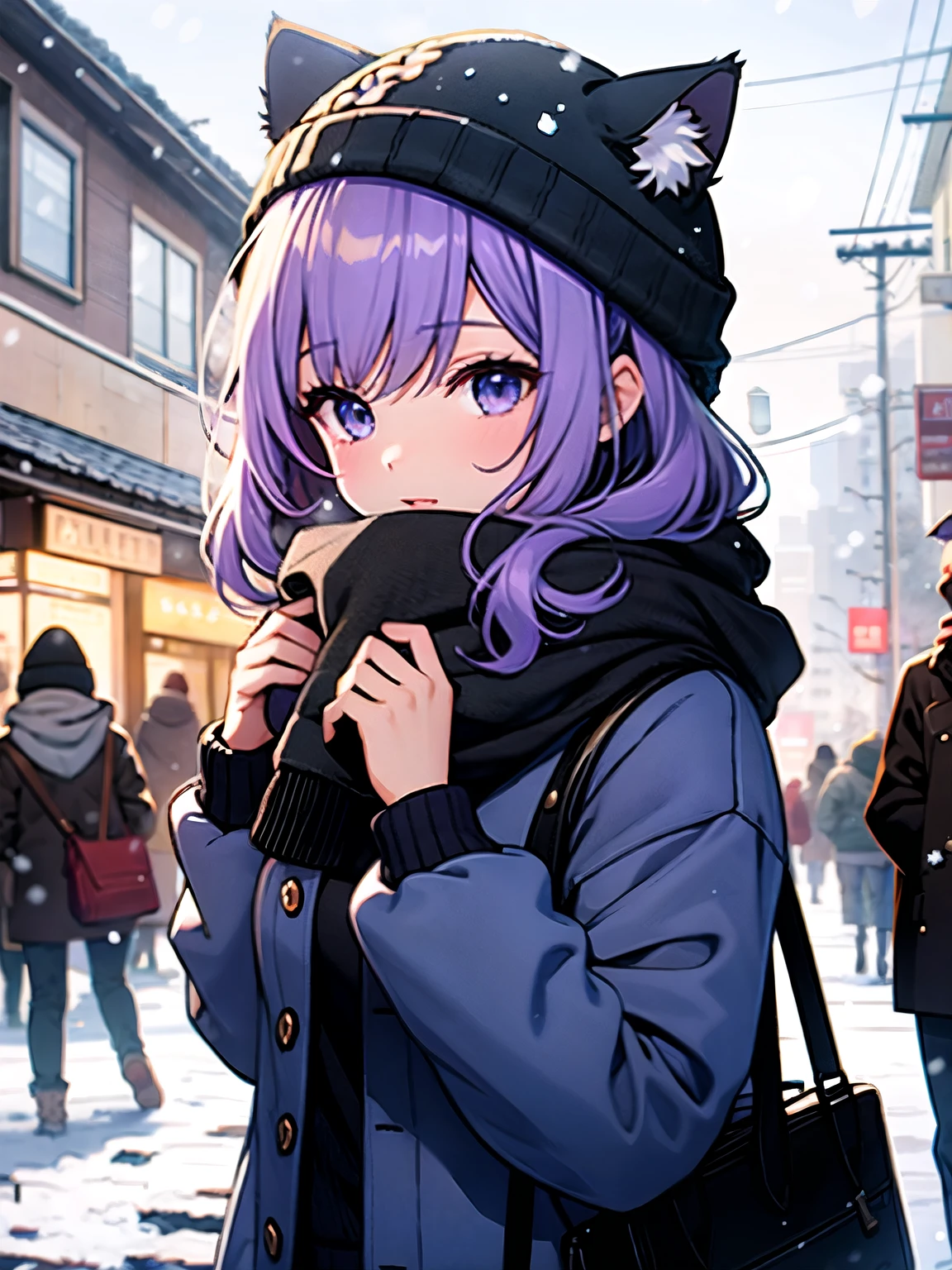 1girl, black beanie, cat ears, lavender colored hair, oversized sweater, scarf, snow, snowing