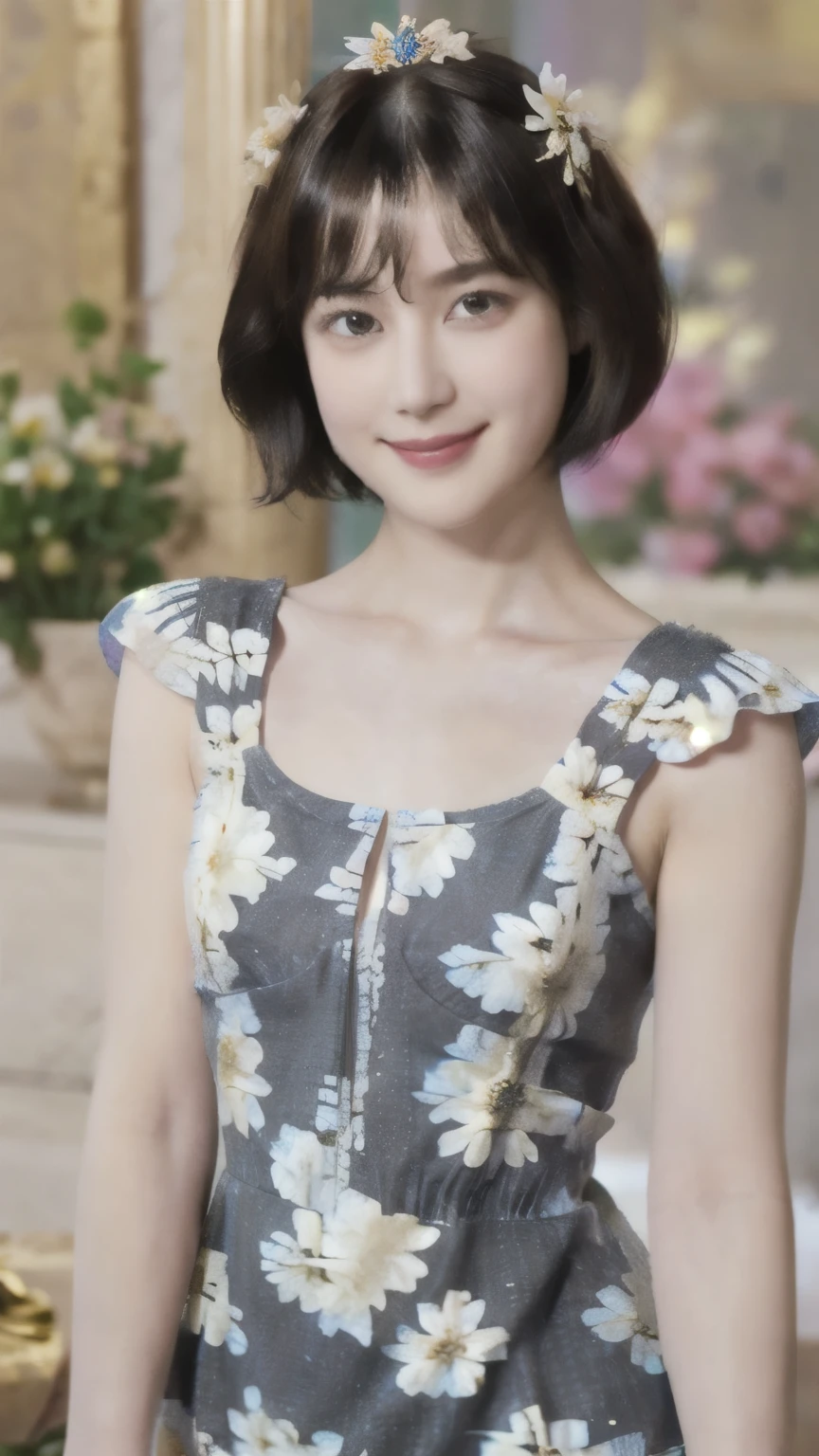 267 (20-year-old princess,Are standing), (Tabletop), ((short hair:1.46)), (chest:1.46), Archaic Smile, (Floral Dress:1.46), (Majestic Palace:1.46) 80