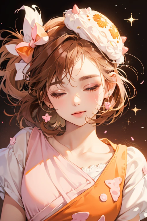 A white and brown cupcake with pink icing dripping from her head, brown sprinkles and an orange bow. She has her eye a quarter way closed on the brown side and has a regular face with no mouth. Her left ear is bitten. SPARKLE; GLITTER