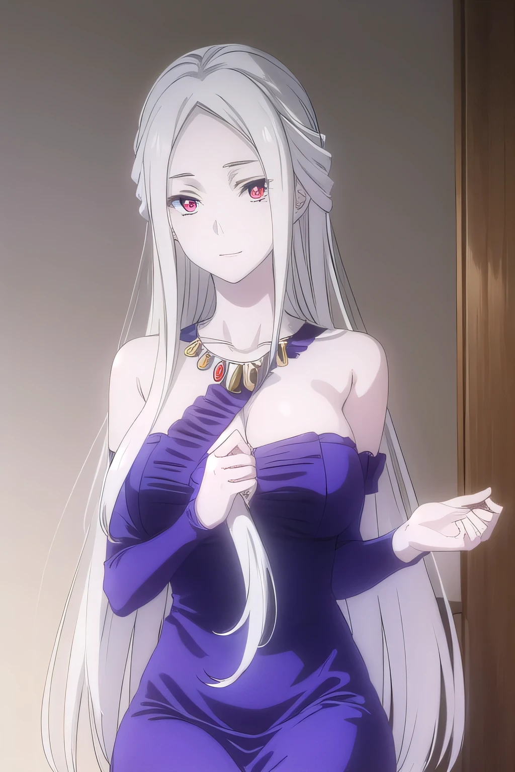 leonoranakiri, leonora nakiri, long hair, (red eyes:1.2), white hair, pale skin, (forehead:1.2), smile,
BREAK dress, cleavage, bare shoulders, jewelry, necklace, blue dress,
BREAK indoors,
BREAK looking at viewer, (cowboy shot:1.5),
BREAK (masterpiece:1.2), best quality, high resolution, unity 8k wallpaper, (illustration:0.8), (beautiful detailed eyes:1.6), extremely detailed face, perfect lighting, extremely detailed CG, (perfect hands, perfect anatomy),sitting in chair,middle size of breasts