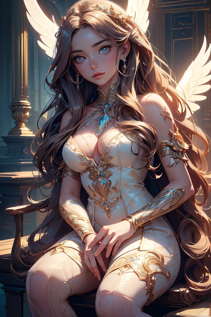 a young and beautiful semi-nude angel woman posing seated,intricate detailed face and eyes,long wavy hair,elegant pose,angelic look,glowing aura,ethereal atmosphere,(best quality,8k,photorealistic,hyper detailed,masterpiece:1.2),cinematic lighting,warm soft colors,dramatic lighting,mystical,concept art