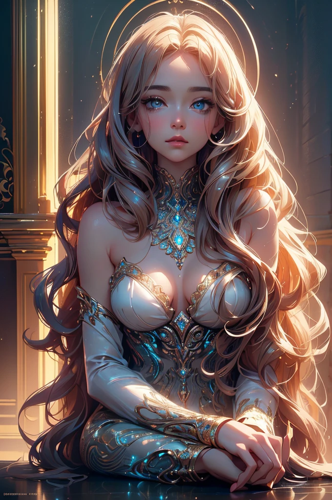 a young and beautiful semi-nude angel woman posing seated,intricate detailed face and eyes,long wavy hair,elegant pose,angelic look,glowing aura,ethereal atmosphere,(best quality,8k,photorealistic,hyper detailed,masterpiece:1.2),cinematic lighting,warm soft colors,dramatic lighting,mystical,concept art