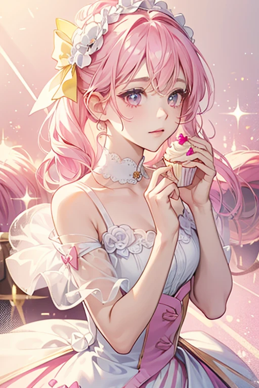 A pale yellow and pale pink cupcake with a normal expression. She has a white swirl on her head and a hot pink bow. SPARKLE; GLITTER