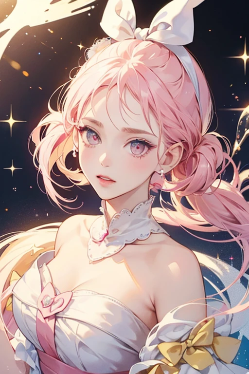 A pale yellow and pale pink cupcake with a normal expression. She has a white swirl on her head and a hot pink bow. SPARKLE; GLITTER