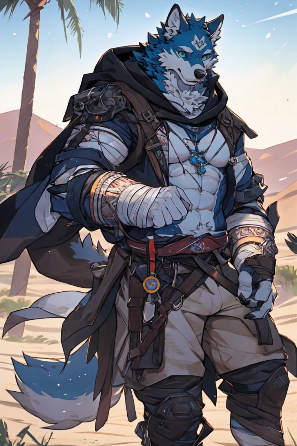 a highly detailed, extremely realistic, 8k resolution portrait of a professional doctor in the desert, a snow wolf with heterochromia iridum having a green left eye and a blue right eye, intricate facial features, pristine white fur, wearing a red cross on their clothing, a hood, an abs weaving machine, a medical kit, a muscular physique, holding a dagger, with bandages wrapped around their wrists and ankles, facing a screen