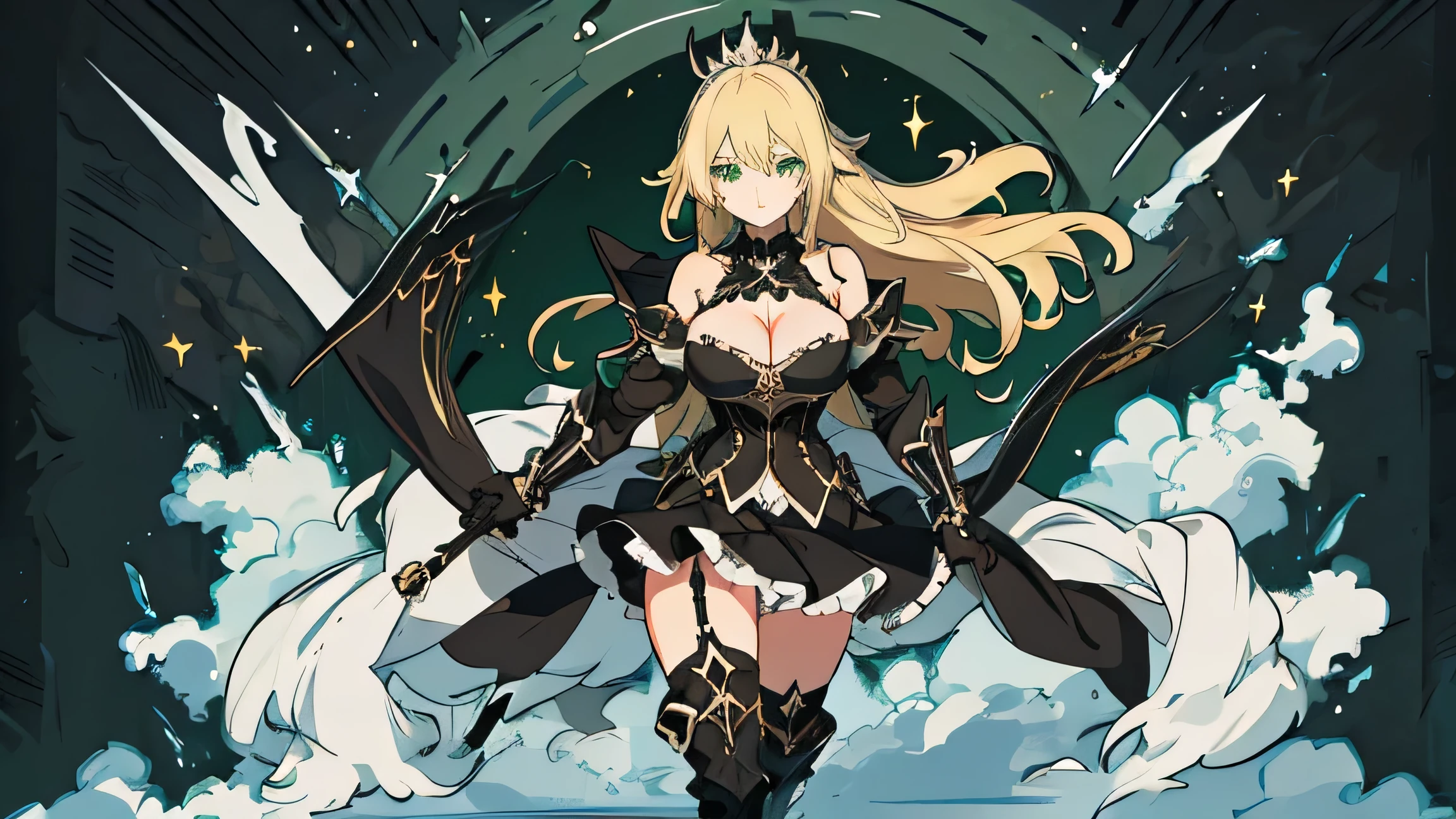 1girl, long blond hair, green eyes, wearing black armor, big breasts, v neck cleavage, full body, high boots, lingerie, black gloves, absurdres, high res, trending on artstation pixiv, Rias Gremory, badass anime 8k, on pixiv, (Anime girl), top rated on pixiv, cleavage, beautiful Anime girl, sexy look, looking at viewer, extremely detailed girl, solo, sharp focus, extremely detailed eye, green eyes, black wing ear crown, castle background, clouds, masterpiece
