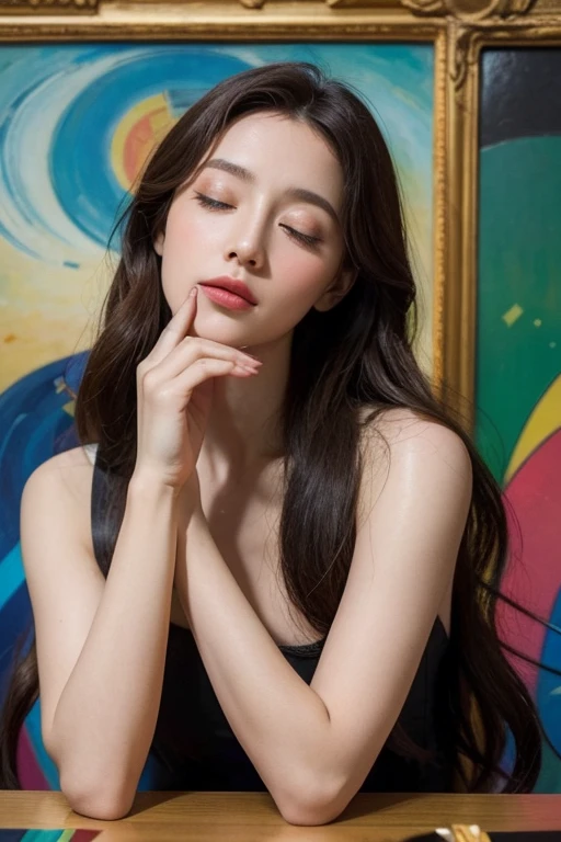The overlay in a Renaissance-inspired painting of a beautiful Greek goddess woman with her eyes closed, posing with her hands on her head, showing off her long hair by an abstract image inspired by Kandinsky. Her expressions look contemplative or contemplative, as she holds one hand to her face, adding an element of mystery or introspection.