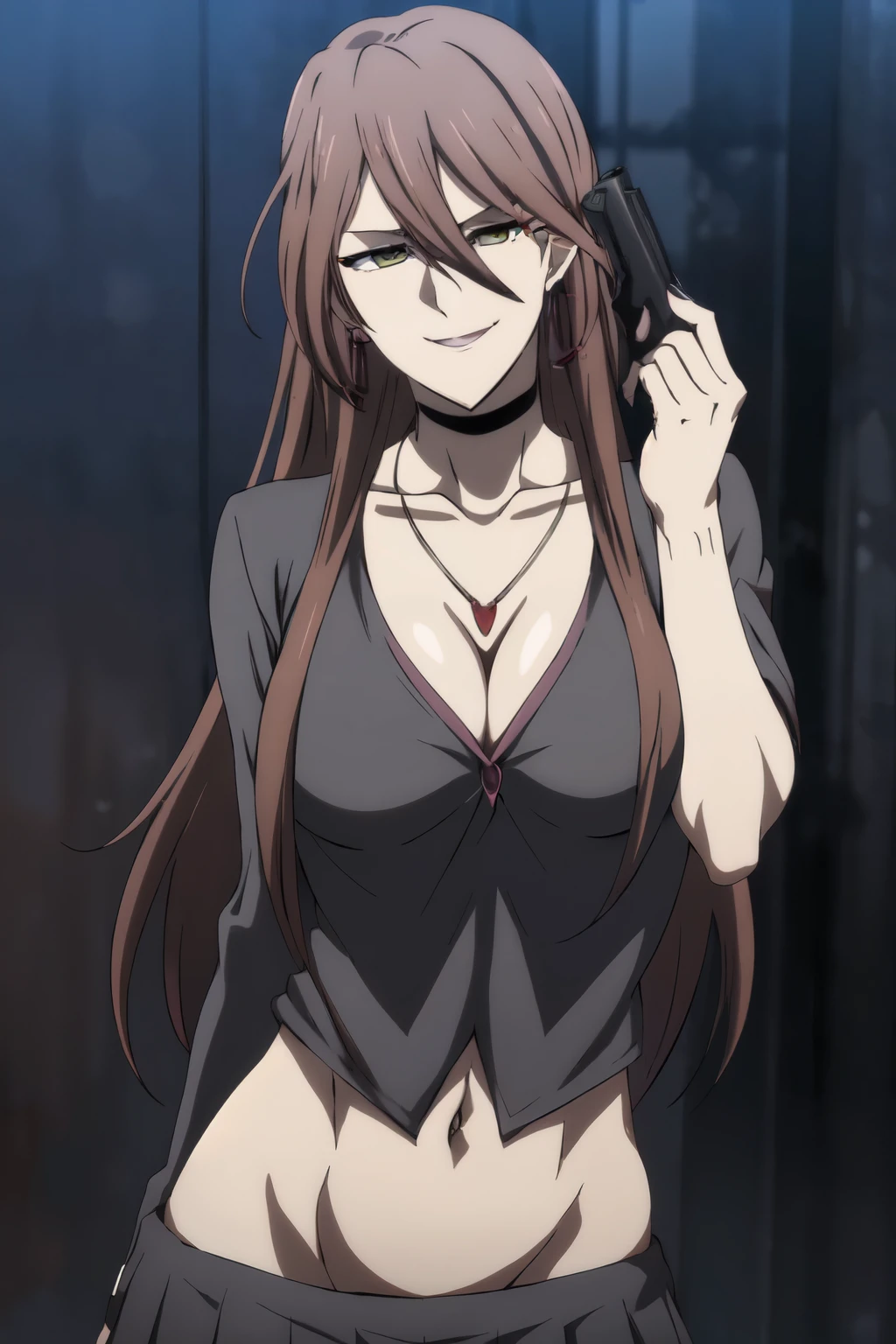 Hex,1woman,
long hair,brown hairgreen eyes,
choker, evil smile , blush, lipstick,,Hot girl, baddie, staring, glaring, bad attitude, mean girl, dare, angry, hate, crazy, smoking, sensual, attractive, blush, lipstick, evil smile, masterpiece, best quality, ((unbuttoned school uniform, cleavage, necklace, earrings, sexy body,
breasts)) , micro skirt, smiling, navel , exposed belly, exposed navel,(nsfw) not safe for work,school,
classroom , hold a gun,knot, holding pistol