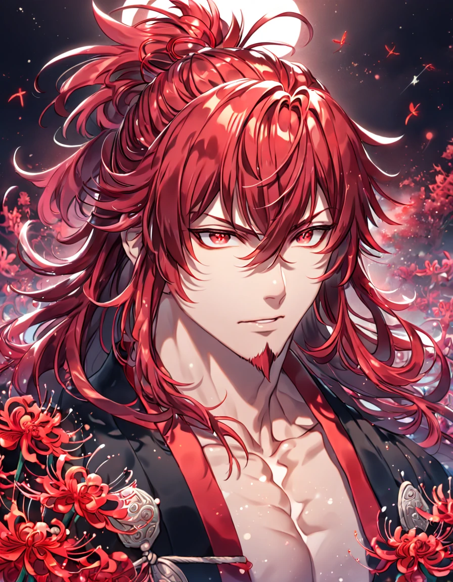 absurdres, highres, ultra detailed, HDR, master piece, best quality, detailed eyes, extremely detailed, delicated features, Ren Kouen, red hair, hair tied into a topknot, hair between the eyes, medium length hair, red goatee, expressive red eyes, Magi The Labyrinth of Magic, solo, sexy man, handsome, manly man, adult, mature face, traditional clothes that are mainly red white and black in colour along with a black flowing cape, magical, fantasy, red spider lilies, red glittering dragonflies, red lanterns, traditional Japanese house, red trees