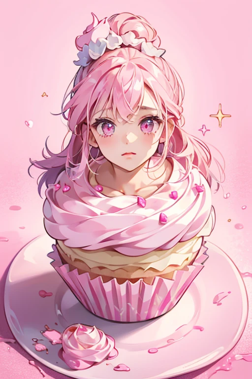 An off-white and pale pink cupcake with hot pink icing dripping from her and a basic expression. SPARKLE; GLITTER