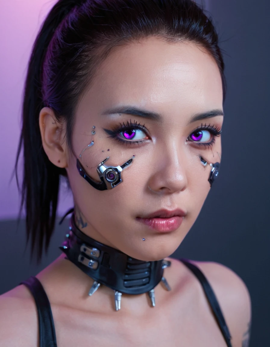 A stunning, 4K photo-realistic image of a cyberpunk ninja demi-human girl with a Korean face. She is adorned with intricate machine implants, including half a face that is replaced with cybernetic components, machine eyes, and battery-powered cyborg hands. Her black, spiked hair is intertwined with LED lights that flicker with various colors to match her mood. The soft, pinkish-purple lighting surrounds the model, enhancing the futuristic and captivating atmosphere. The seamless integration of her organic and mechanical components, along with her flawless beauty and detailed facial features, make this photograph an extraordinary piece of art. The high-resolution image showcases her perfect eyes, perfect skin, and detailed facial features, while the minimalist background allows her to be the focal point of the image. This hyperrealistic photo embodies the perfect blend, photo