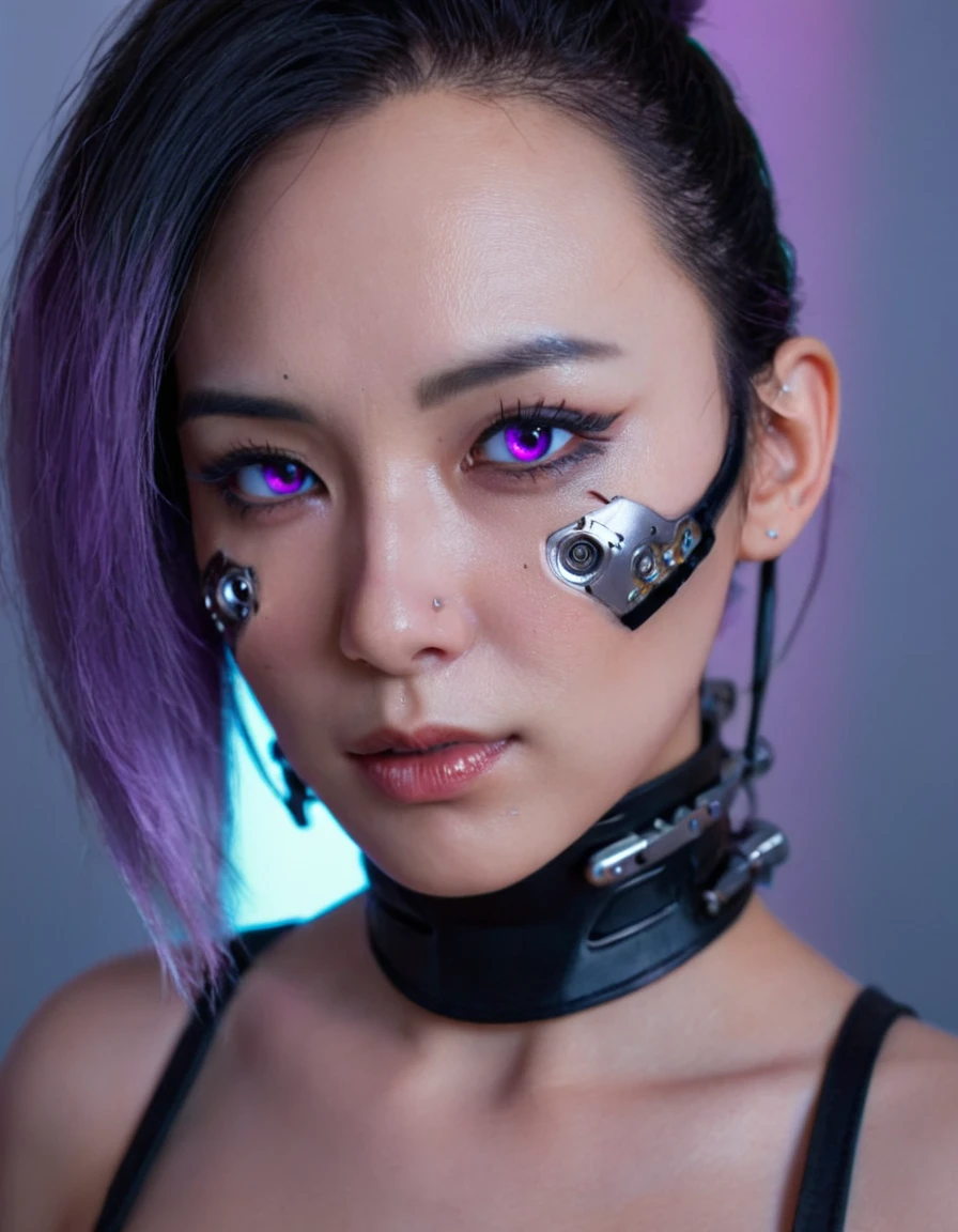 A stunning, 4K photo-realistic image of a cyberpunk ninja demi-human girl with a Korean face. She is adorned with intricate machine implants, including half a face that is replaced with cybernetic components, machine eyes, and battery-powered cyborg hands. Her black, spiked hair is intertwined with LED lights that flicker with various colors to match her mood. The soft, pinkish-purple lighting surrounds the model, enhancing the futuristic and captivating atmosphere. The seamless integration of her organic and mechanical components, along with her flawless beauty and detailed facial features, make this photograph an extraordinary piece of art. The high-resolution image showcases her perfect eyes, perfect skin, and detailed facial features, while the minimalist background allows her to be the focal point of the image. This hyperrealistic photo embodies the perfect blend, photo