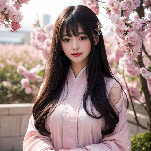 best quality, Delicate face，beautiful visual work, lifelike, eternity, black hair, Long curly hair, blunt bangs, Smile, Detailed Background, Delicate face，pink blush，cold，((masterpiece))、(top quality)、8k、high detail、Super detailed，21 years old female，Wearing wide-sleeved Hanfu、Clothes made of chiffon,Seductive and whimsical style、masterpiece、born、Scenes resembling fairy tale illustrations、intricate details和複雜的設計、Beautifully、magic、capricious、 Beautifully、Dream aesthetics、「𝓡𝓸𝓶𝓪𝓷𝓽𝓲𝓬、ethereal、charming、fickle、magic」、realism、Visual effects、FXAA、SSAO、Shader、voiceless、ambient lighting、Tone mapping、High resolution、Ultra high quality、Million pixels、(8K resolution:1.10)、8k、8k以下、8K resolution、high detail、intricate details， (high quality:1.2、masterpiece:1.2、:1.21)、(21 years old female:1.21)、(興奮地Smile)、(Surrounded by a dreamy atmosphere、Model diagram，full-body shot，Normal 2 feet，don&#39;t stretch out your hand，When wearing clothes, you can see the protrusions of your breasts. They are big breasts., Big , H cups on the chest, Landscape photos