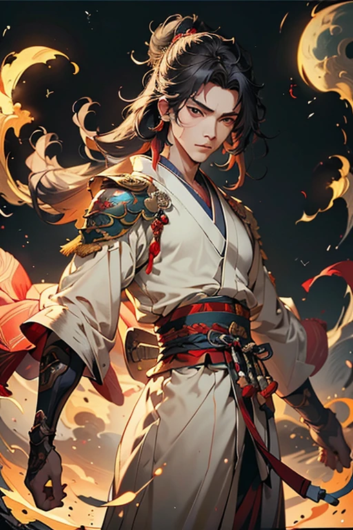 (Highest quality、 8k 、masterpiece、High resolution)、Kojikiden、myth、Japan Takeson、1 Male、The legend of the young and brave hero、Antiquity of Japan、Kusanagi's Sword、Vibrant colors、Official Art、Detailed CG