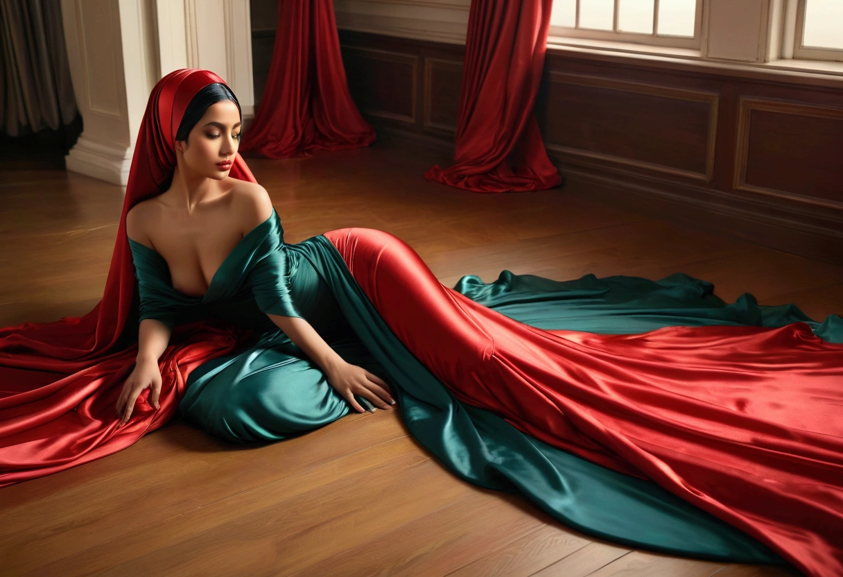 An alluring woman shrouded in a 4-meter-long, plush red satin cloth, tightly bound and grandly draping along the form of her body, flowing off into a pooled floor-length train, styled in a mermaid-inspired outfit, her head modestly veiled in a satin hijab, a full-body pose conveying a sense of mysterious elegance, captured in a 4k resolution, ultra-realistic